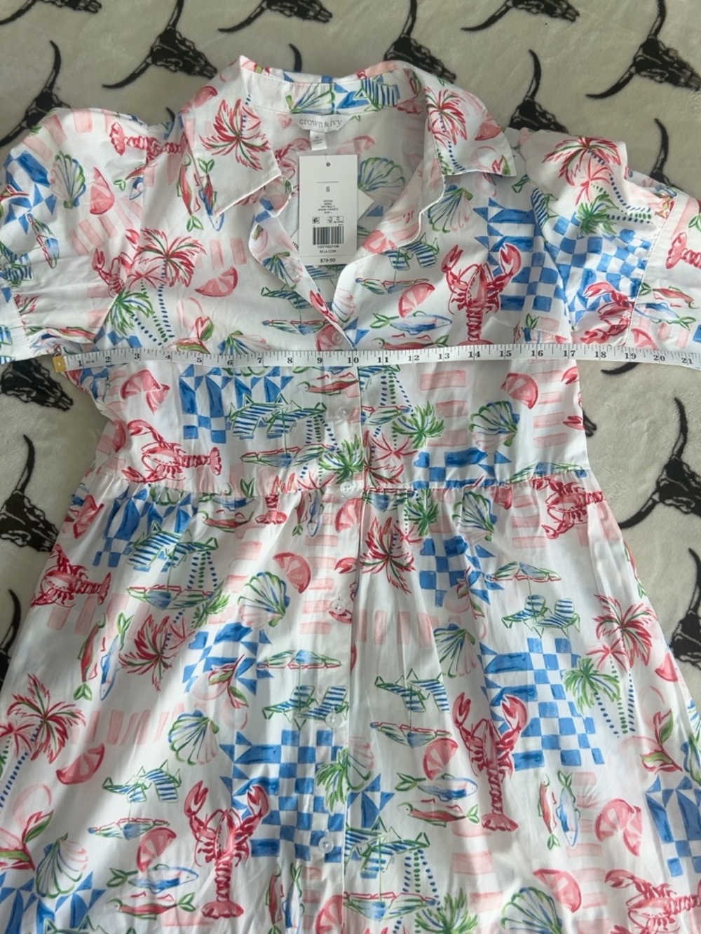 NWT Crown & Ivy Lobster Coastal Print Tiered Shirt Dress Size S - Picture 5 of 10